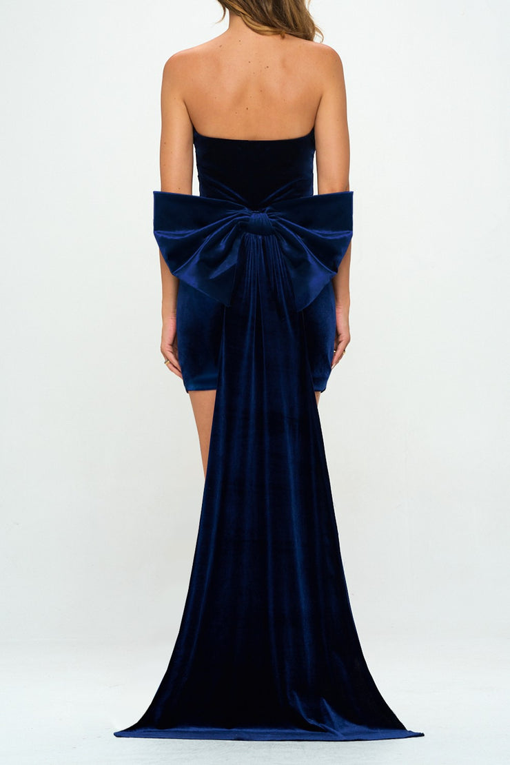 Sophie Velvet Bow Train Bodycon Dress: Navy Large Sophie Velvet Bow Train Bodycon Dress: Navy Large