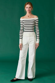 Bella Off Shoulder Knit Stripe Top: White