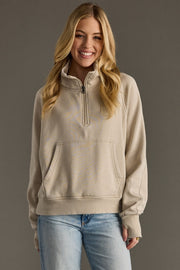 Mable Quarter Zip Pullover Sweatshirt: Tan
