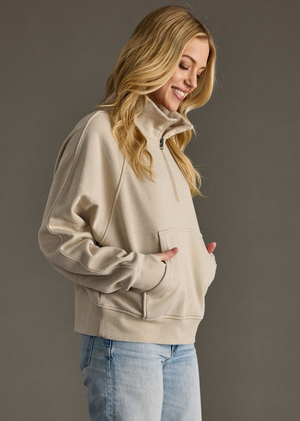 Mable Quarter Zip Pullover Sweatshirt: Tan