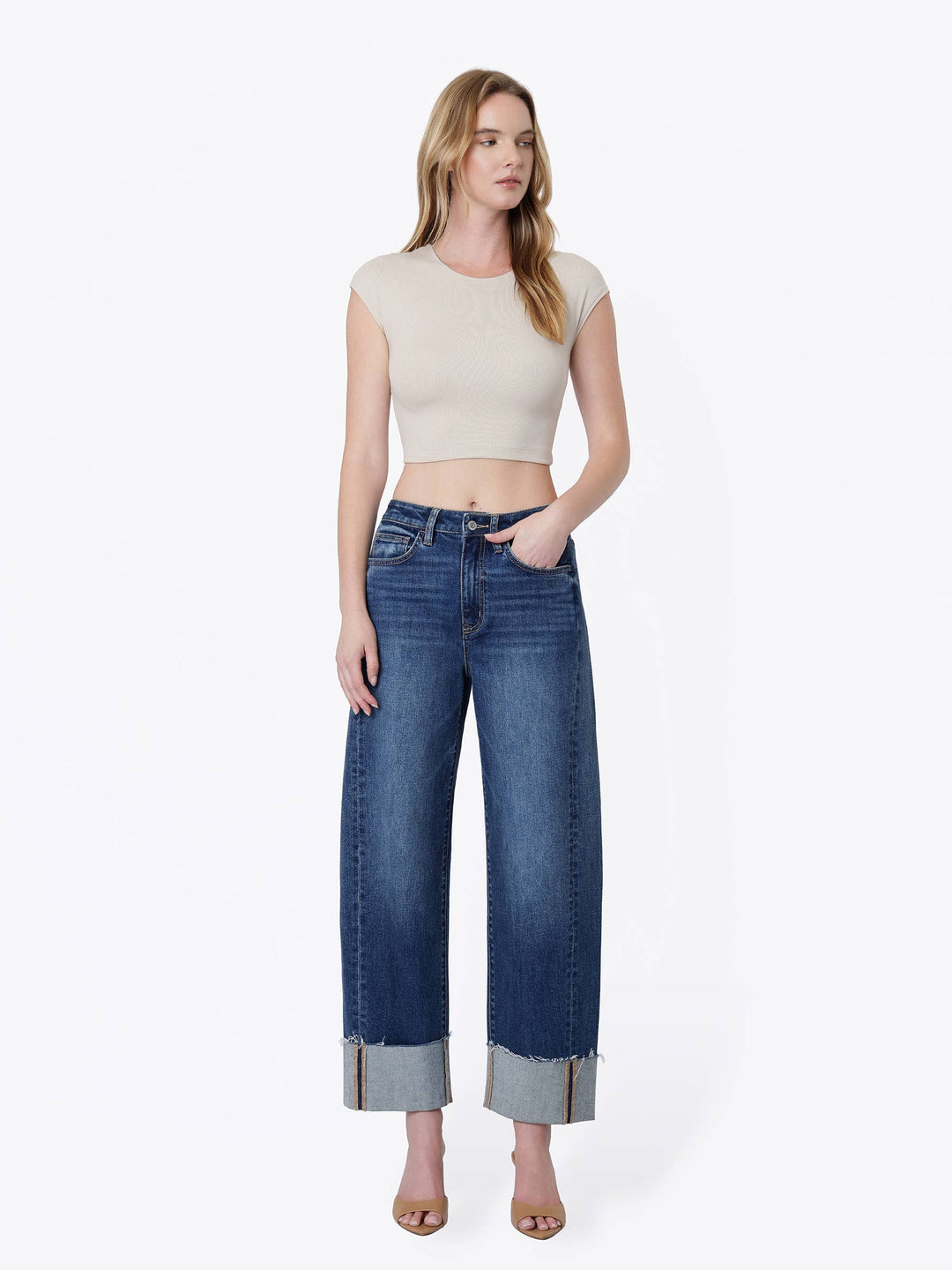 Olivia Side Seam Cuff Barrel Jeans: Dark