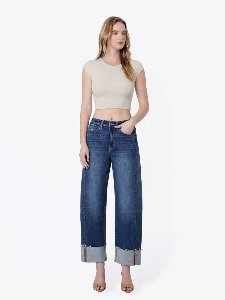 Olivia Side Seam Cuff Barrel Jeans: Dark