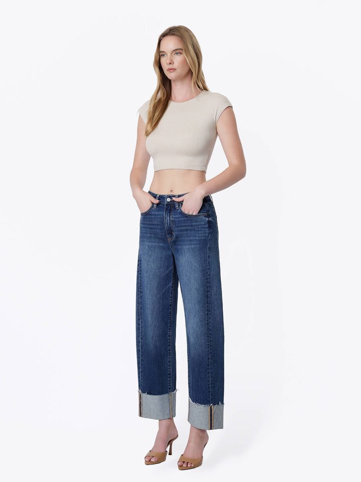 Olivia Side Seam Cuff Barrel Jeans: Dark