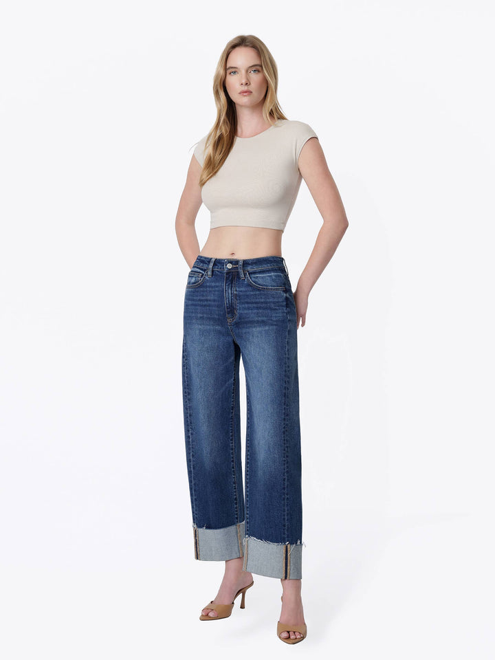 Olivia Side Seam Cuff Barrel Jeans: Dark