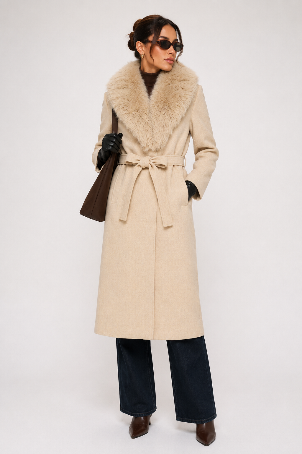 Going Downtown Faux Fur Collar Wrap Coat