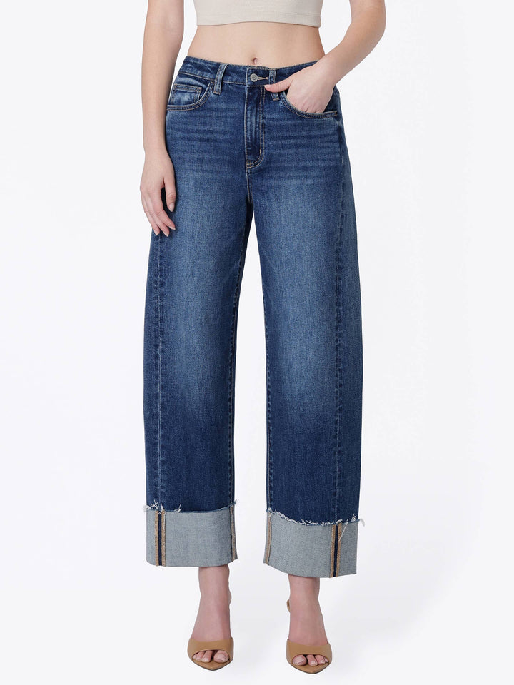Olivia Side Seam Cuff Barrel Jeans: Dark