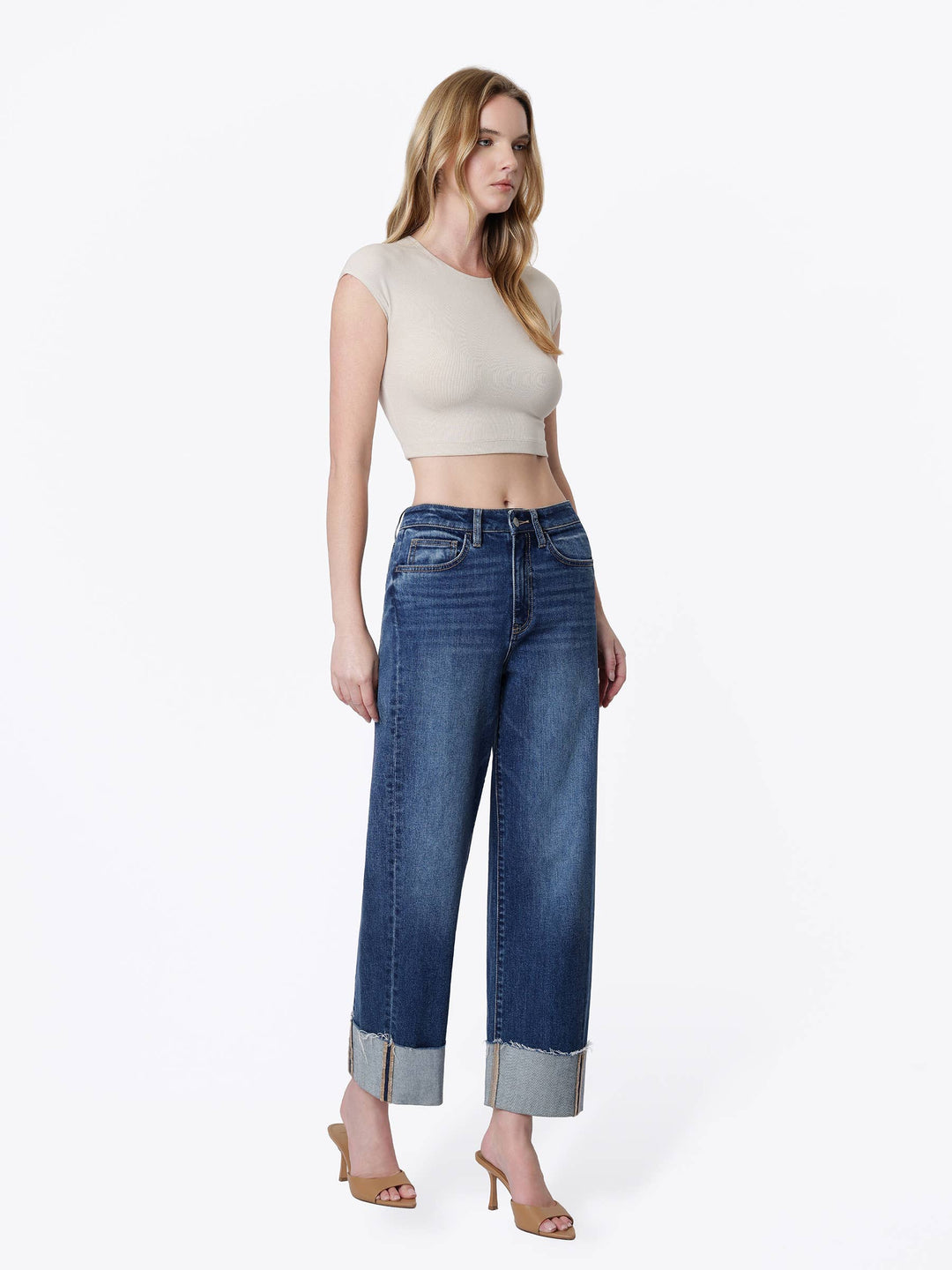 Olivia Side Seam Cuff Barrel Jeans: Dark