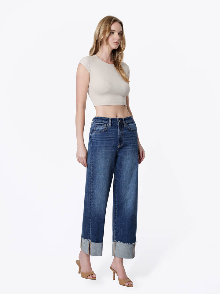Olivia Side Seam Cuff Barrel Jeans: Dark