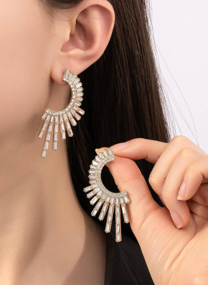 Half Circle Spike Rhinestone Statement Earrings: Gold