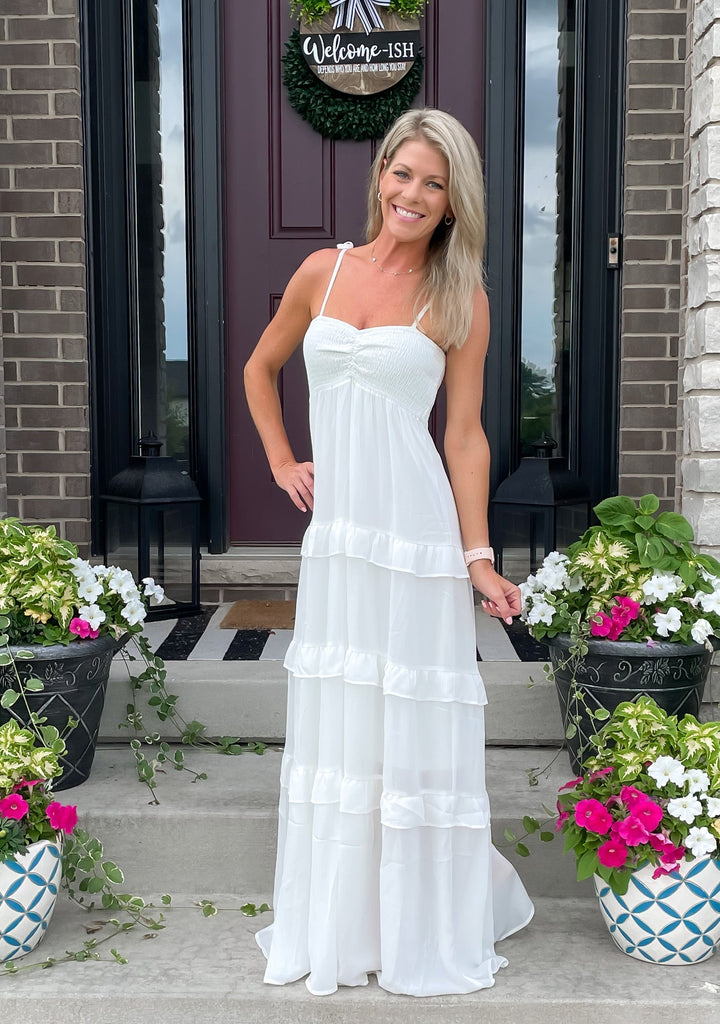 RESTOCK: Beach Destination Ruffle Maxi Dress: White