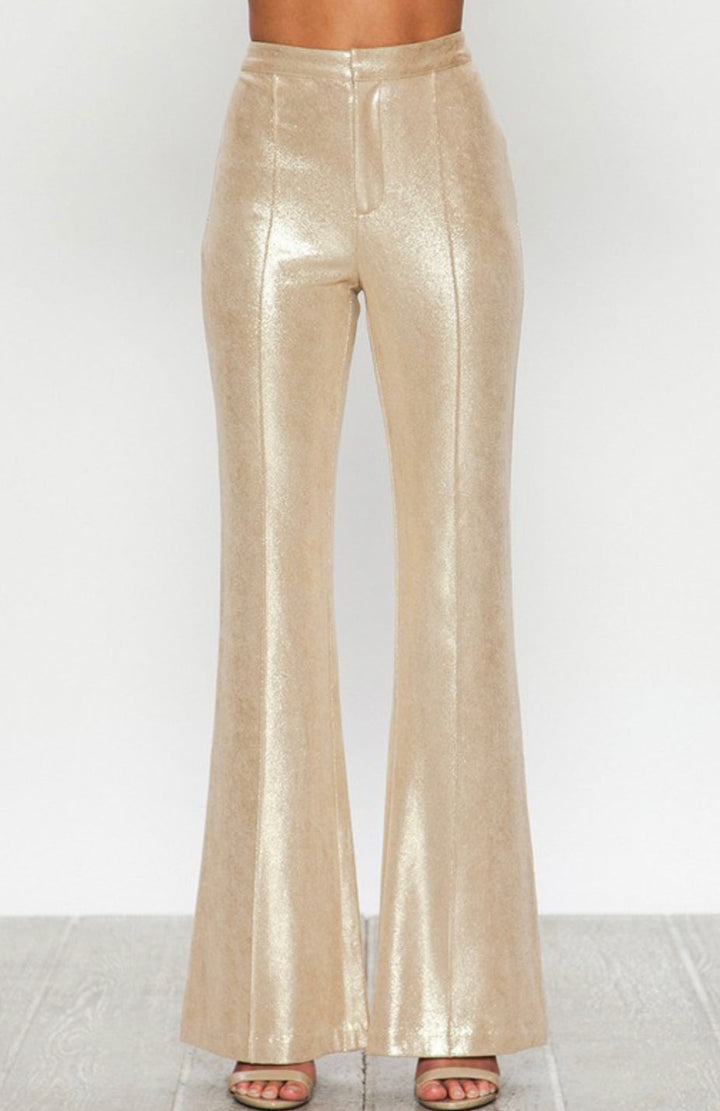 Addison Faux Leather Shimmer Flare Pants: Gold