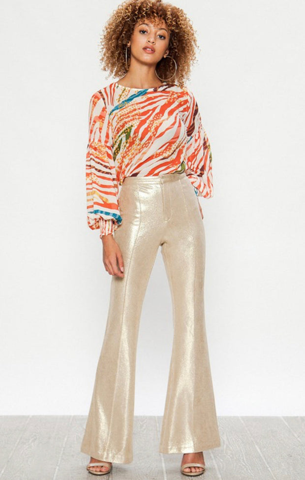 Addison Faux Leather Shimmer Flare Pants: Gold
