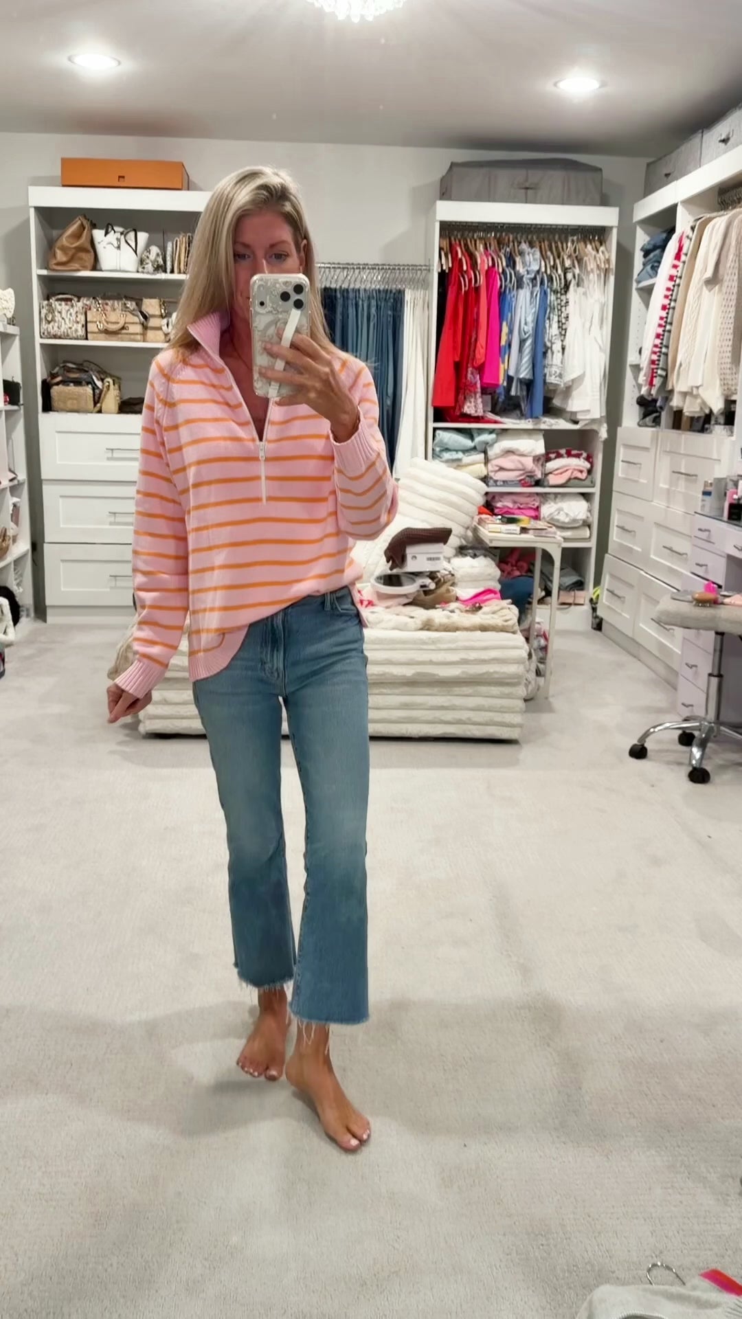 Sunset Social 1/2 Zip Cotton Sweater Stripe - Orange/Pink