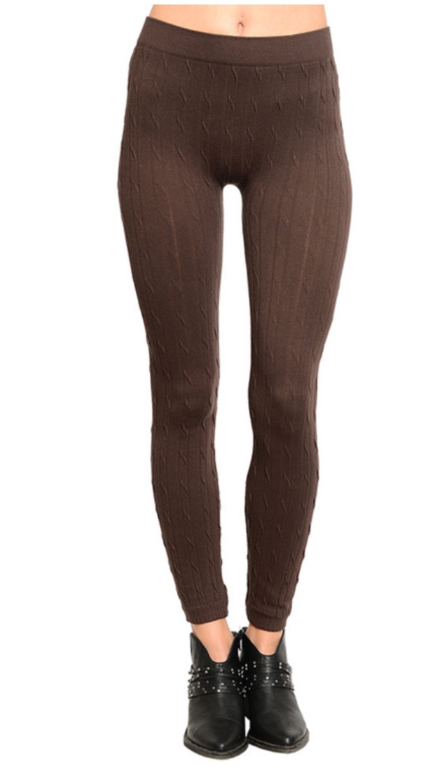 Cable Knit Seamless Fleece Lined Leggings: Coffee Brown