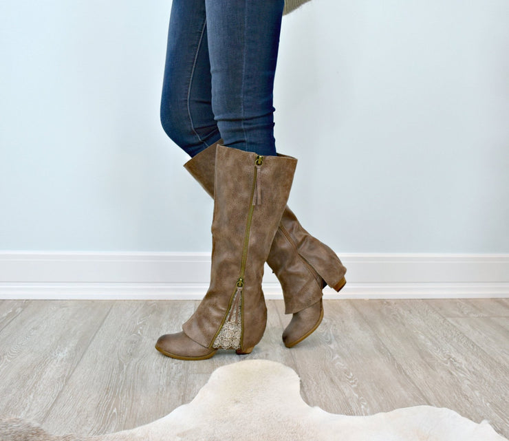 Southern Sass Lace Inlay Boots: Taupe