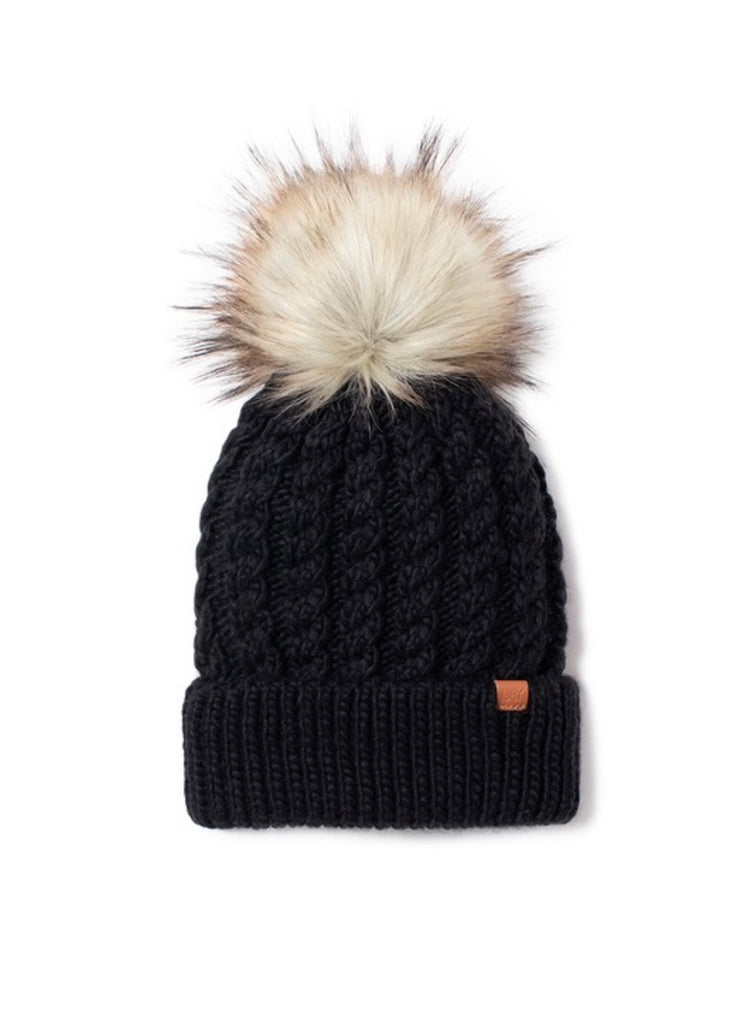Warm Nights Braided Knit Fur Pom Beanie Hat: Black