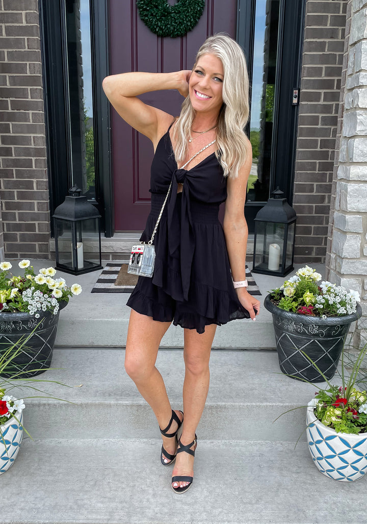 Jaclyn Smocked Ruffle Romper: Black