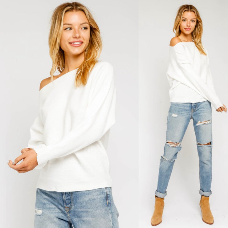 Just Because Ribbed Knit Dolman Knit Top: White
