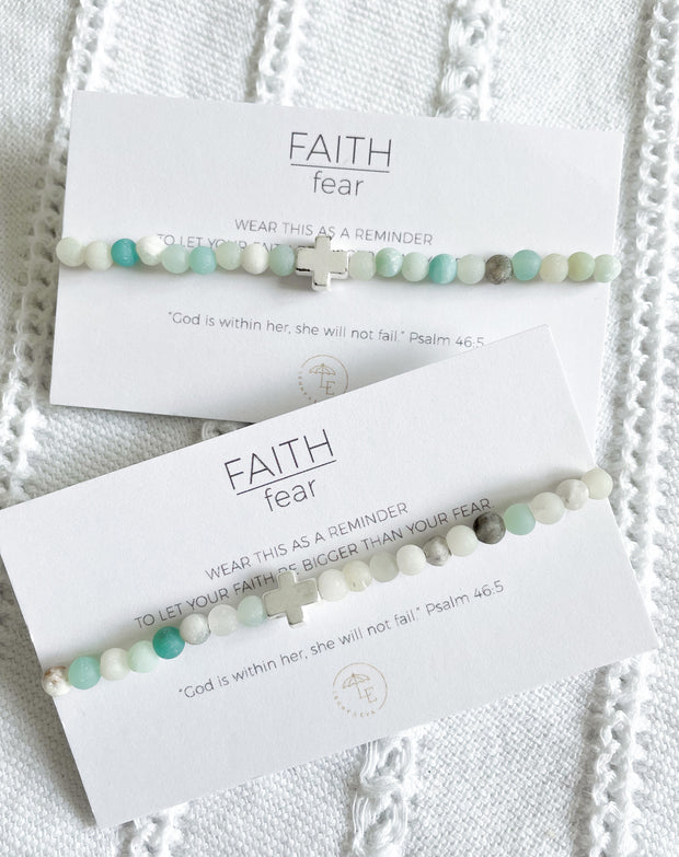 Faith Over Fear Stretch Bracelet: Silver Plated Cross