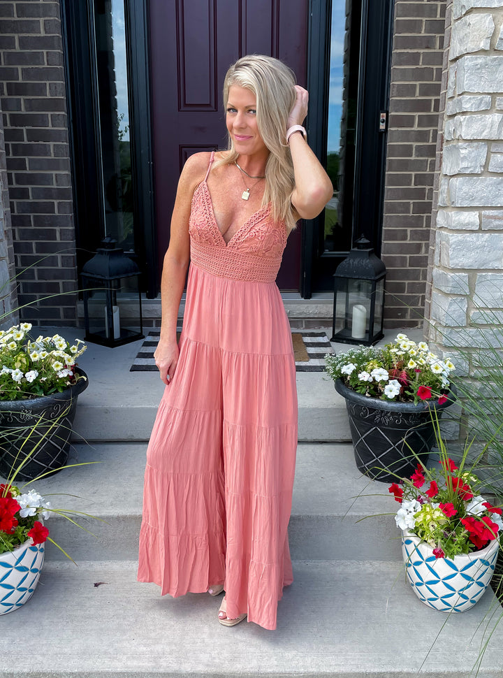 Daydreaming Lace Jumpsuit: Peach