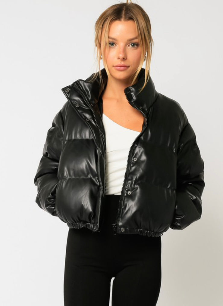 Winter Nights Crop Faux Leather Puffer Jacket: Black
