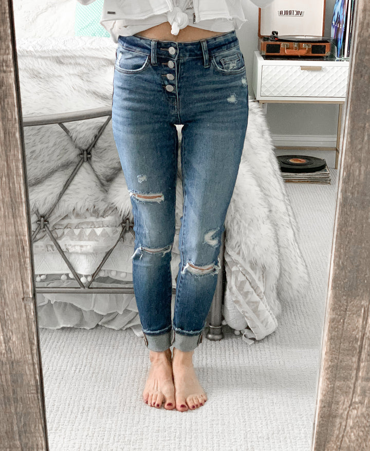 Amber Destroyed Mid Rise Skinny Jeans