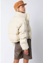 Winter Nights Crop Faux Leather Puffer Jacket: Beige