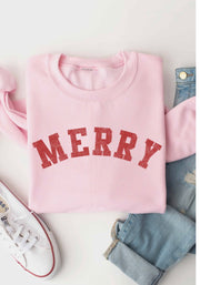 MERRY Graphic Crewneck Sweatshirt: Pink