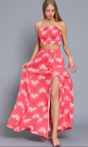 Isle Of Palms Smocked Crop Top/Maxi Skirt Matching Set: Coral