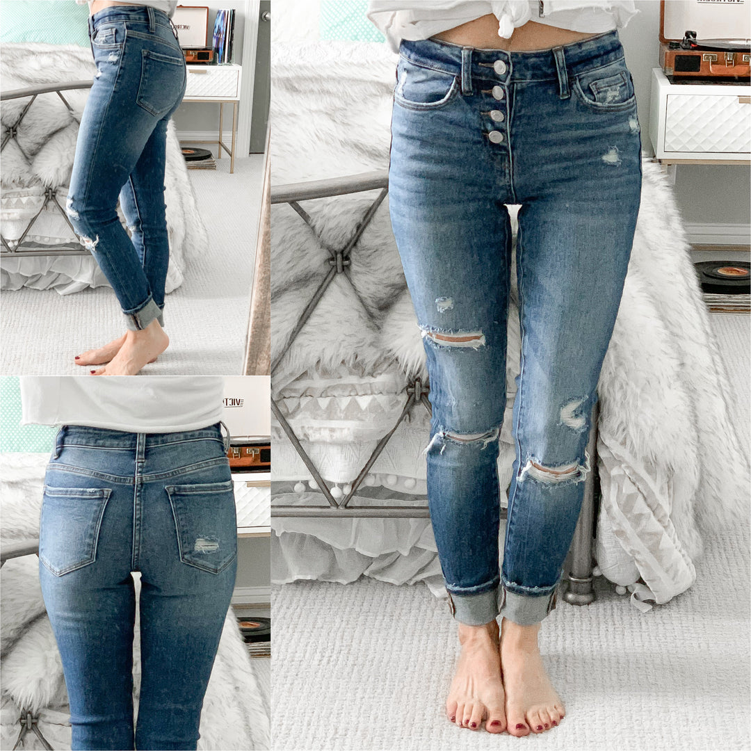 Amber Destroyed Mid Rise Skinny Jeans