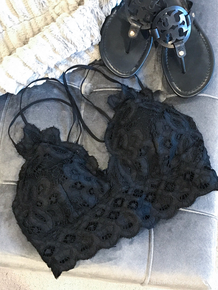 Stuck On You Scalloped Lace Bralette: Black