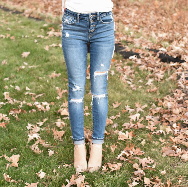 Amber Destroyed Mid Rise Skinny Jeans