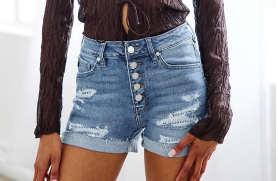 Katelyn Button Fly High Rise Denim Shorts: Medium Vintage
