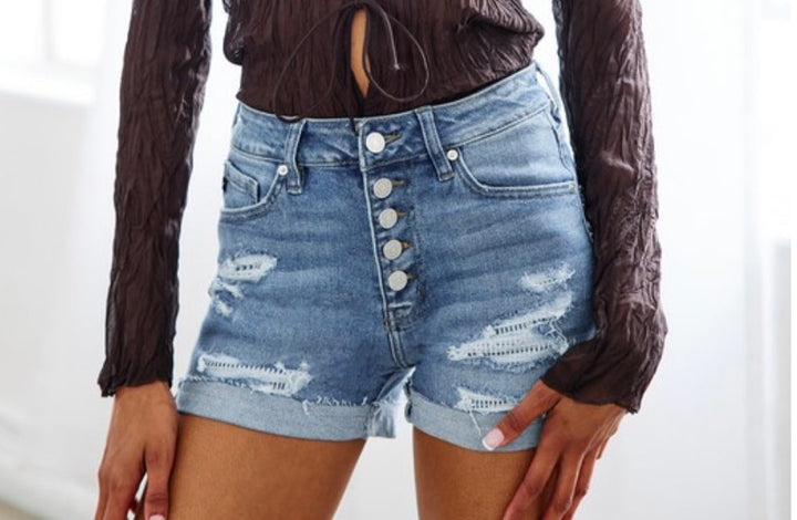 Katelyn Button Fly High Rise Denim Shorts: Medium Vintage