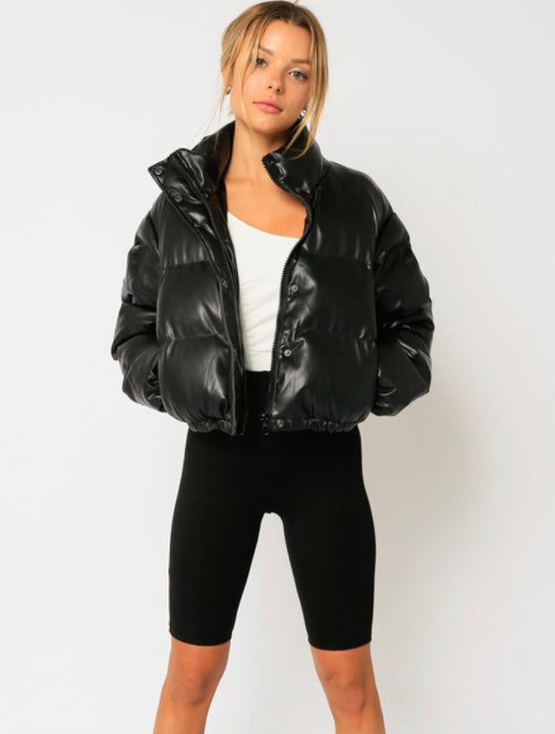 Winter Nights Crop Faux Leather Puffer Jacket: Black