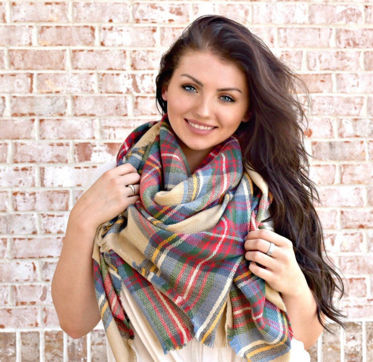 That's A Wrap Plaid Blanket Scarf: Burgundy/Taupe