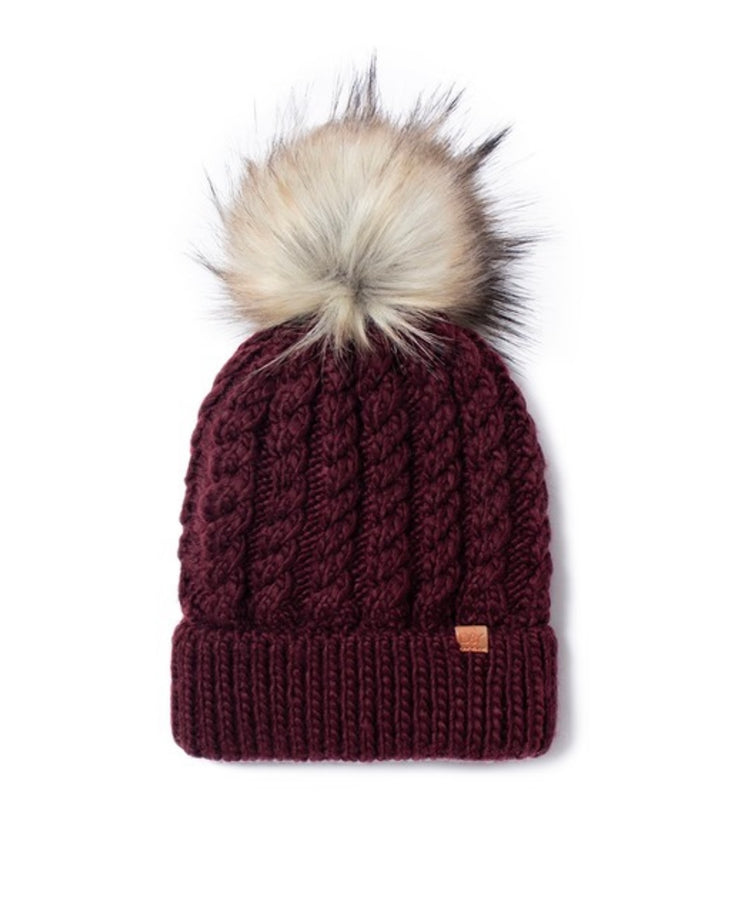 Warm Nights Braided Knit Fur Pom Beanie Hat: Merlot
