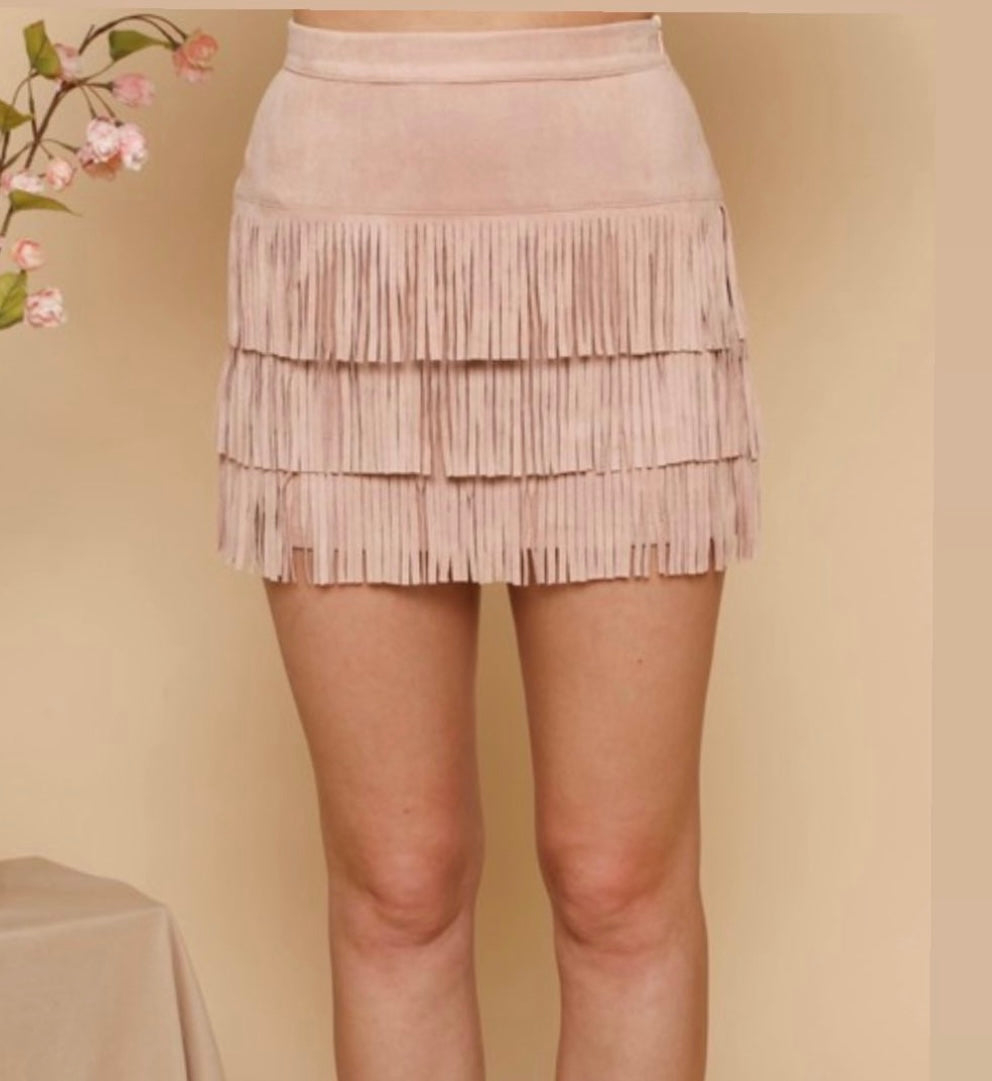 Nashville Faux Suede Fringe Skirt: Blush
