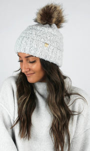 Cold As Ice Knit Fur Pom Beanie Hat: Ivory Marl