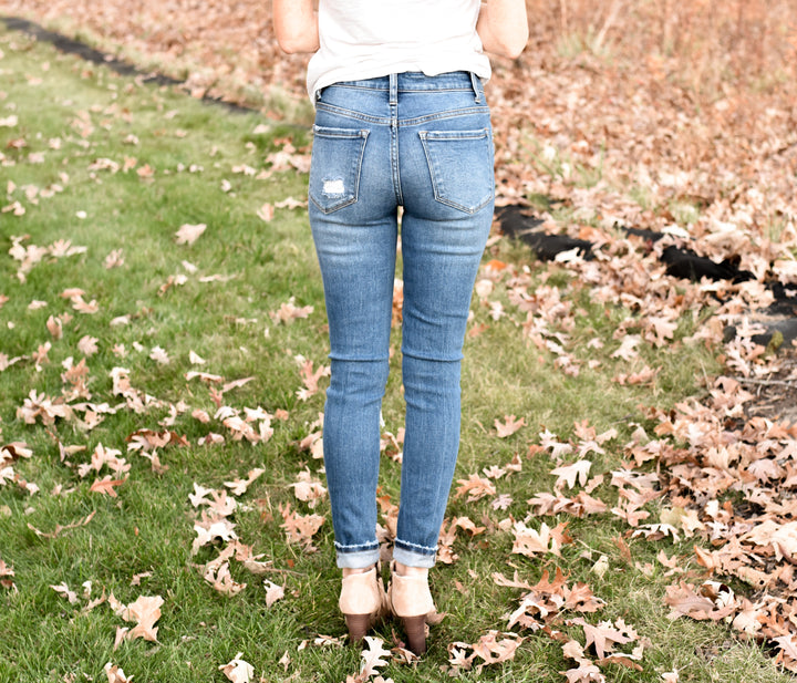 Amber Destroyed Mid Rise Skinny Jeans