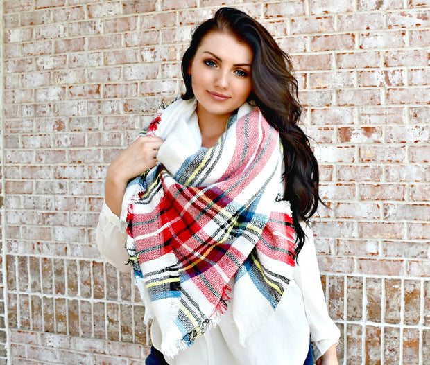 That's A Wrap Plaid Blanket Scarf: Red/White